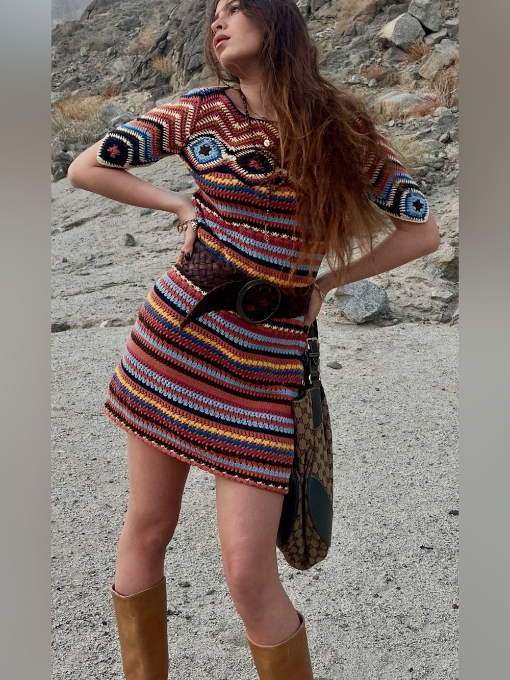 See By Chloe Multicolor Striped Crochet Mini Dress in Rust, Blue & Yellow